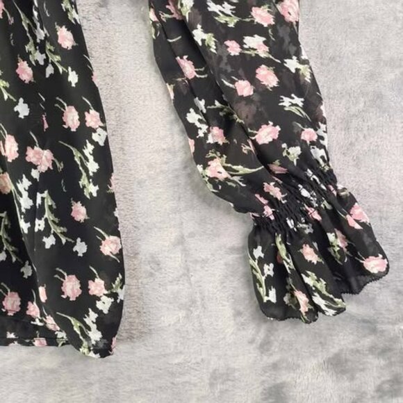 Böhme Womens‎ S Black Pink Floral Blouse Ruffle Front Long Sleeve Sheer Lined - Picture 9 of 11